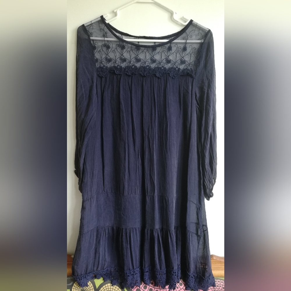 Women's Navy Blue Long Sleeve Peasant Top